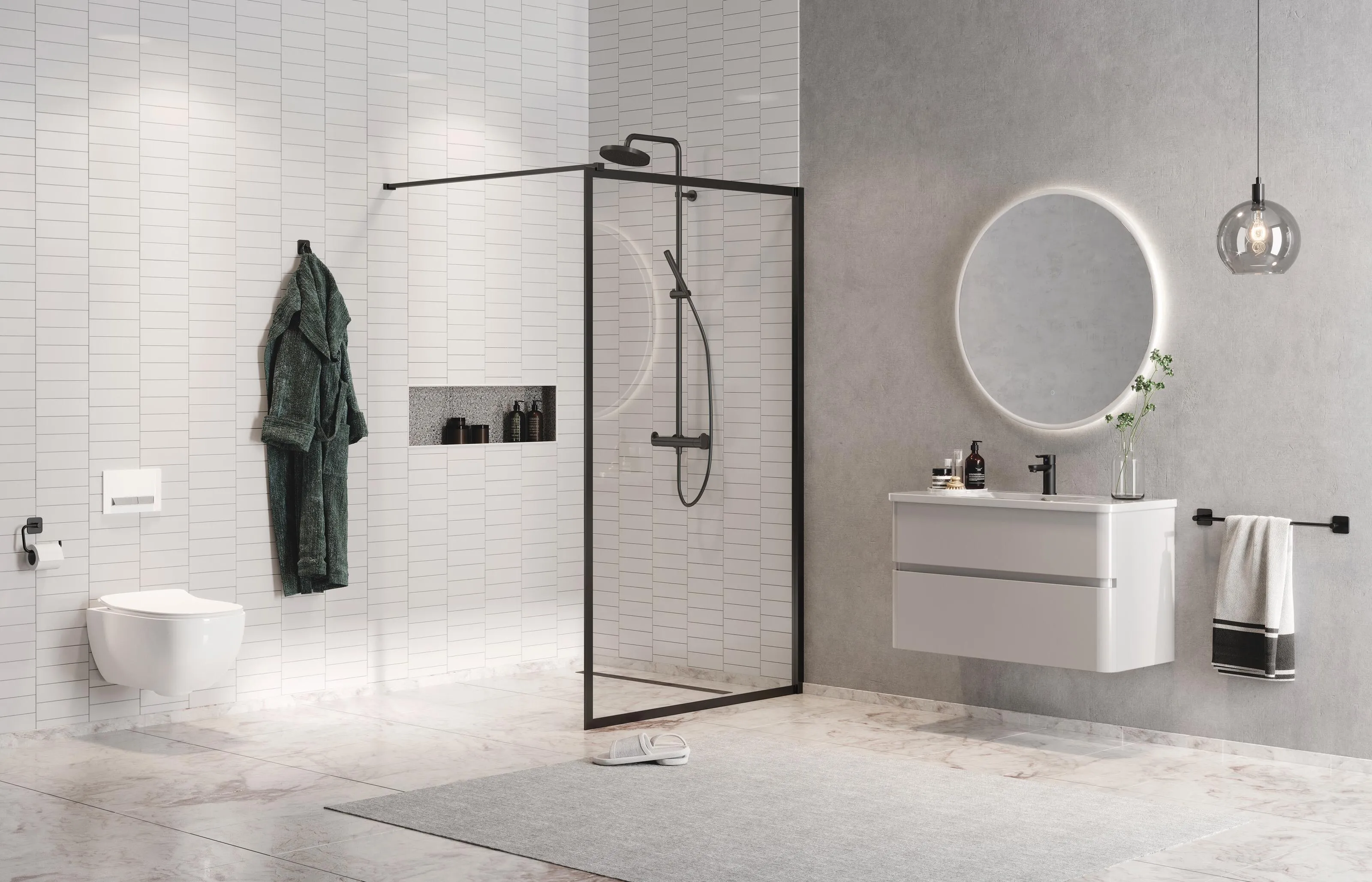 Alterna branding applied to lifestyle product photography, showing the black logo tag overlaid on bathroom furniture image featuring white vanity with light wood accents and minimalist design.