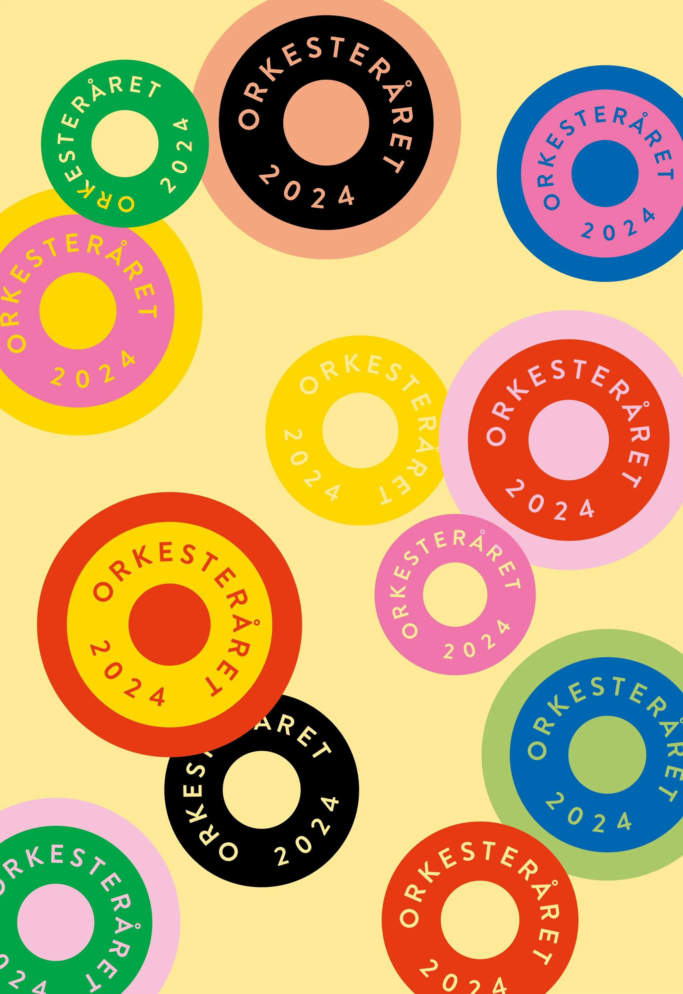 Pattern of overlapping Orkesteråret 2024 circle logos in bright green, blue, pink, red and yellow on pale background, demonstrating flexible festival identity graphics.