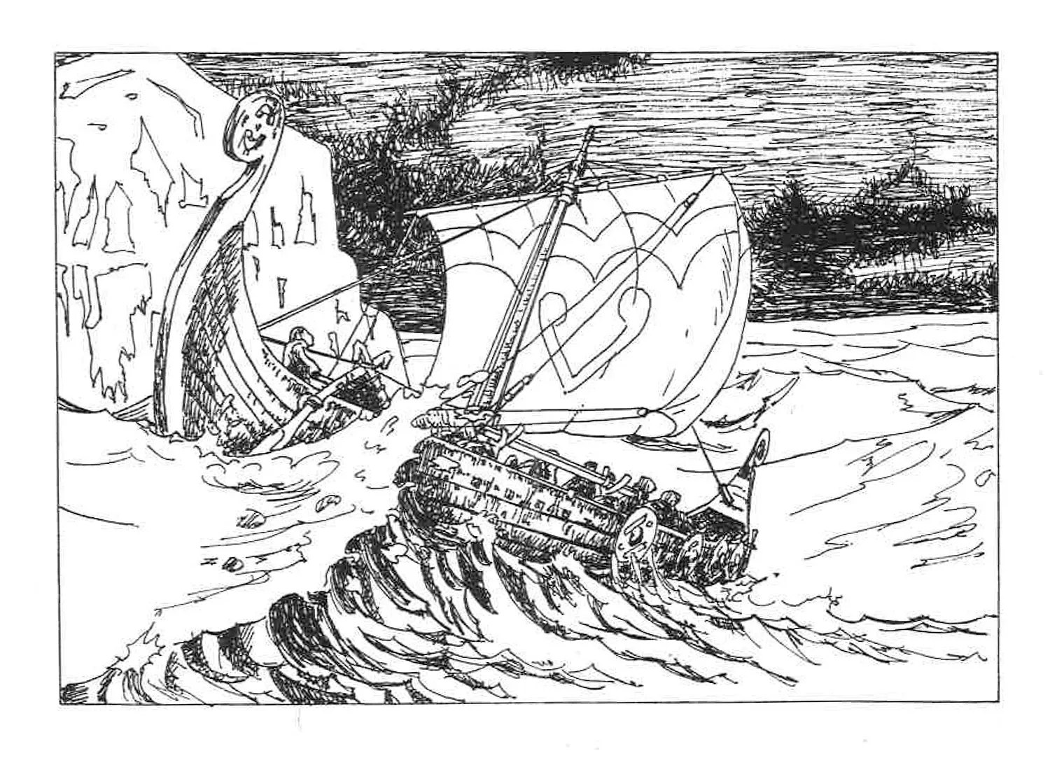 Rysunek statku Wikingów z komiksu Thorgal wykonany tuszem