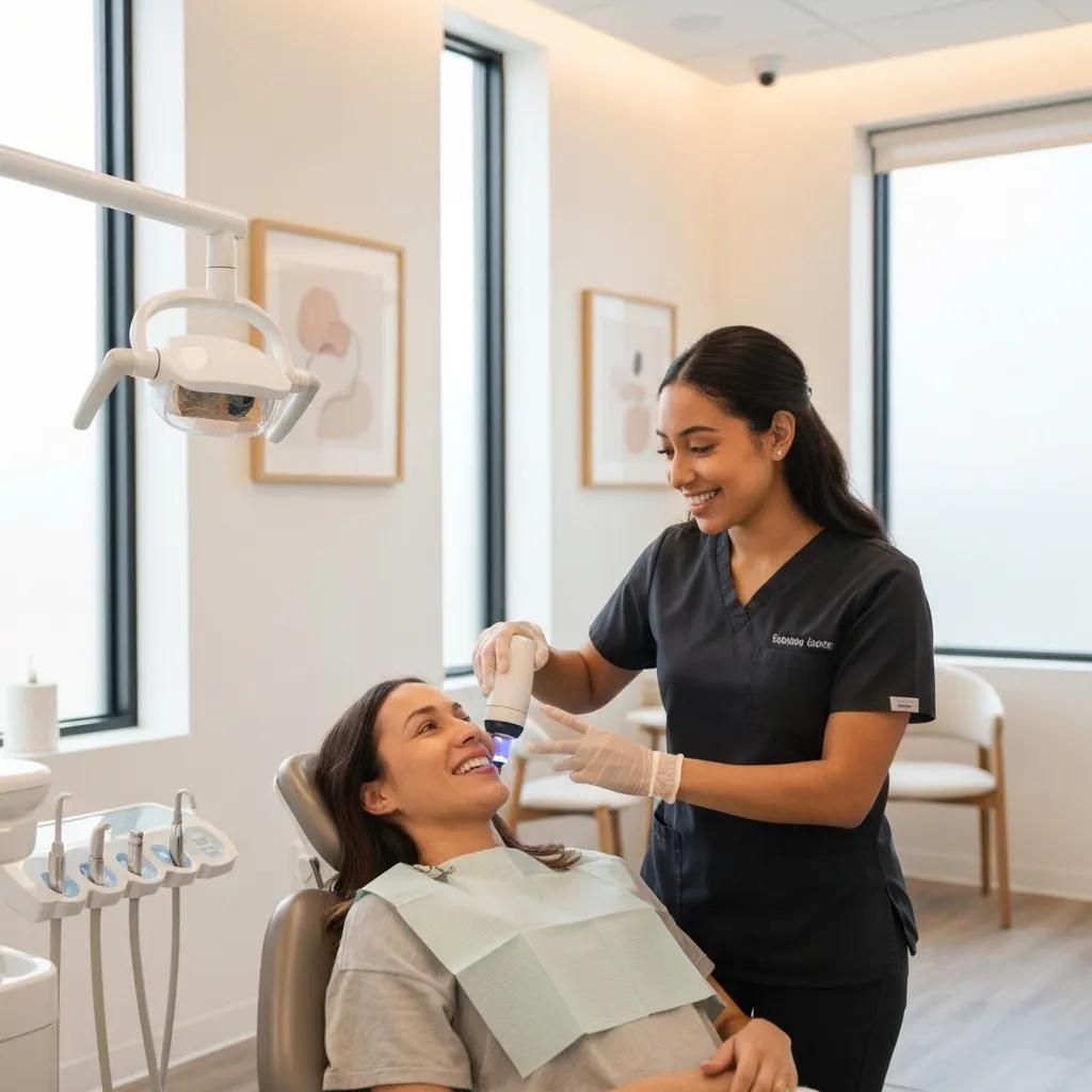 Dental professional using a 3D scanner on a patient during an Invisalign consultation in a modern dental office