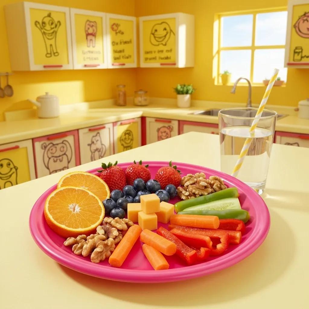 A vibrant plate of healthy snacks for children, featuring fruits, vegetables, and cheese, highlighting nutrition's crucial role in dental health