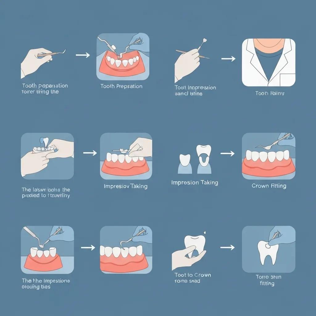A step-by-step visual guide to the dental crown procedure, from tooth preparation to final crown placement