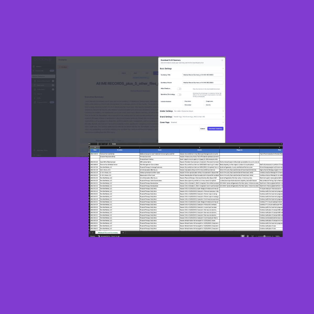 Sample document summary table for legal case review.