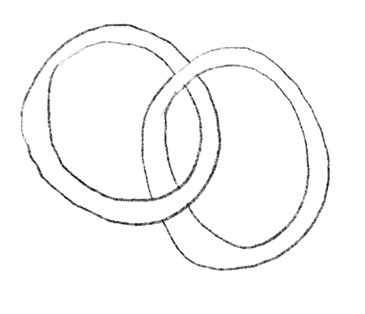 A hand drawn image of two rings intersecting.