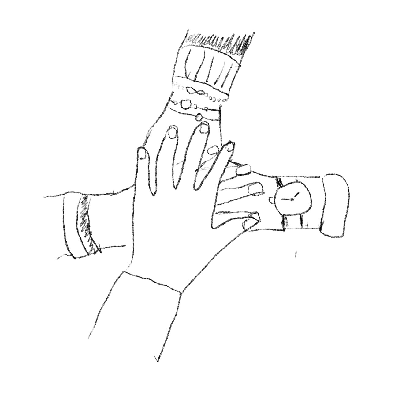 A hand drawn image of fours hands placed over each other.