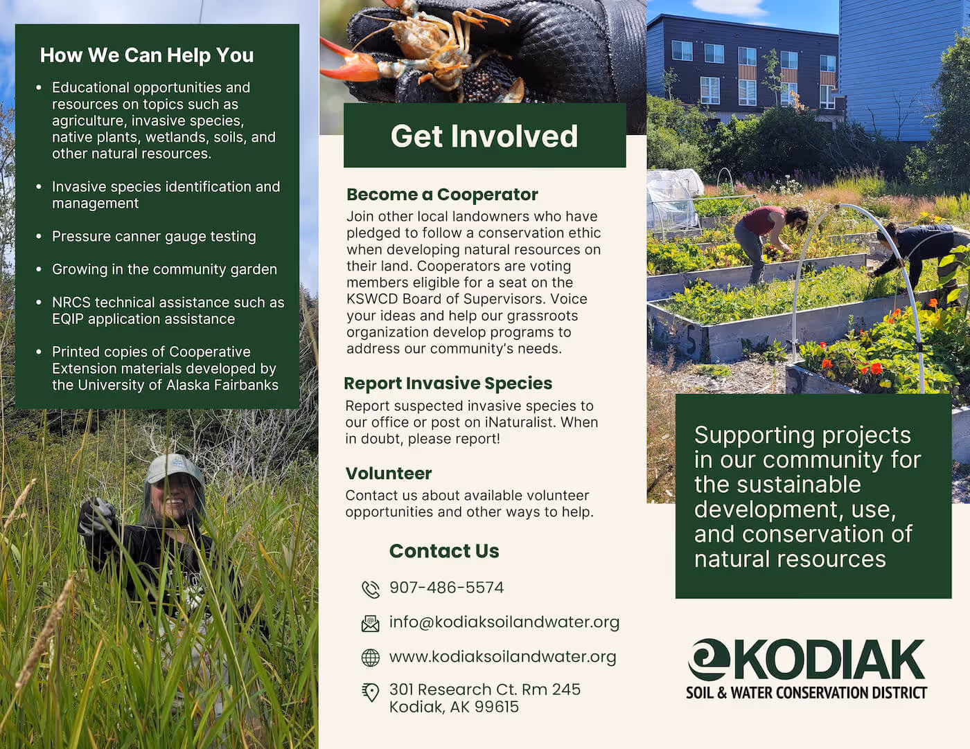 Brochure page for Kodiak Soil & Water Conservation District showing how they help with education, invasive species, gardening, and volunteer opportunities with contact information.