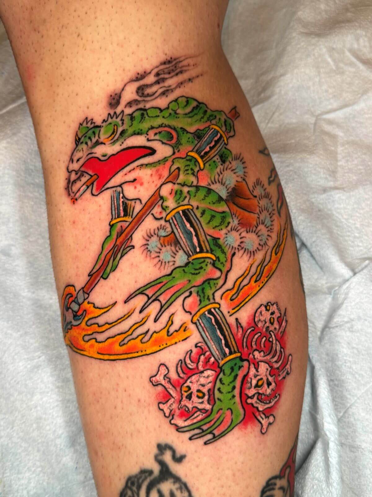 Japanese traditional war frog wielding a spear, surrounded by flames