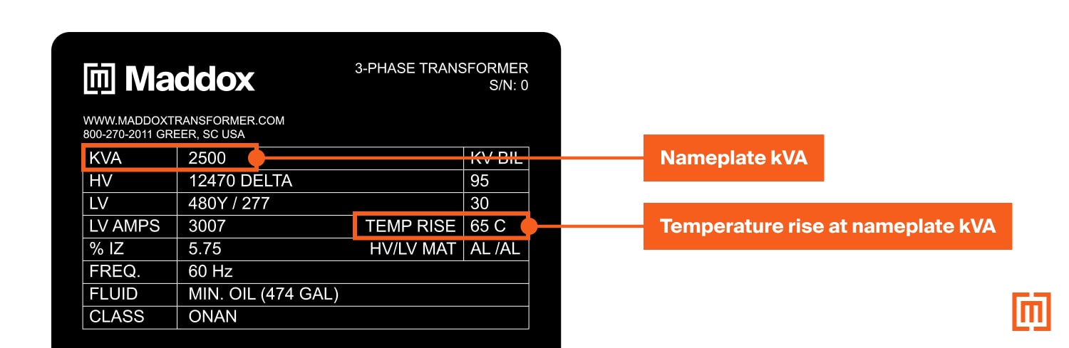 Transformer nameplate showing temperature rise