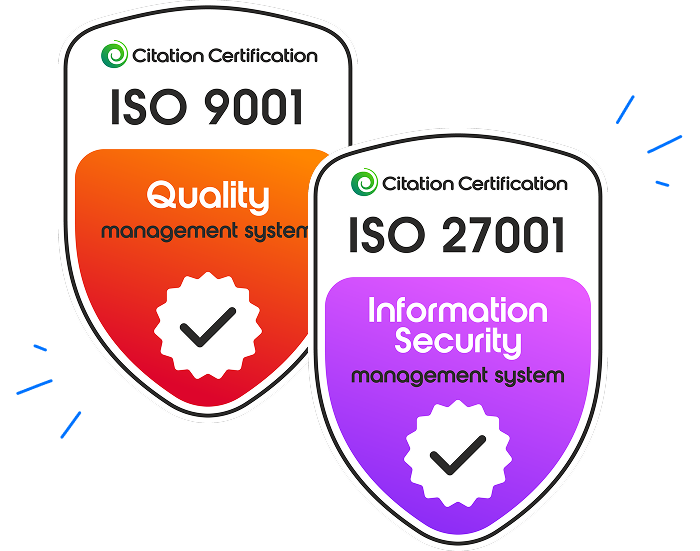 Two of Airteam’s ISO certifications. It shows their ISO 9001 and their ISO 27001 certification badges.