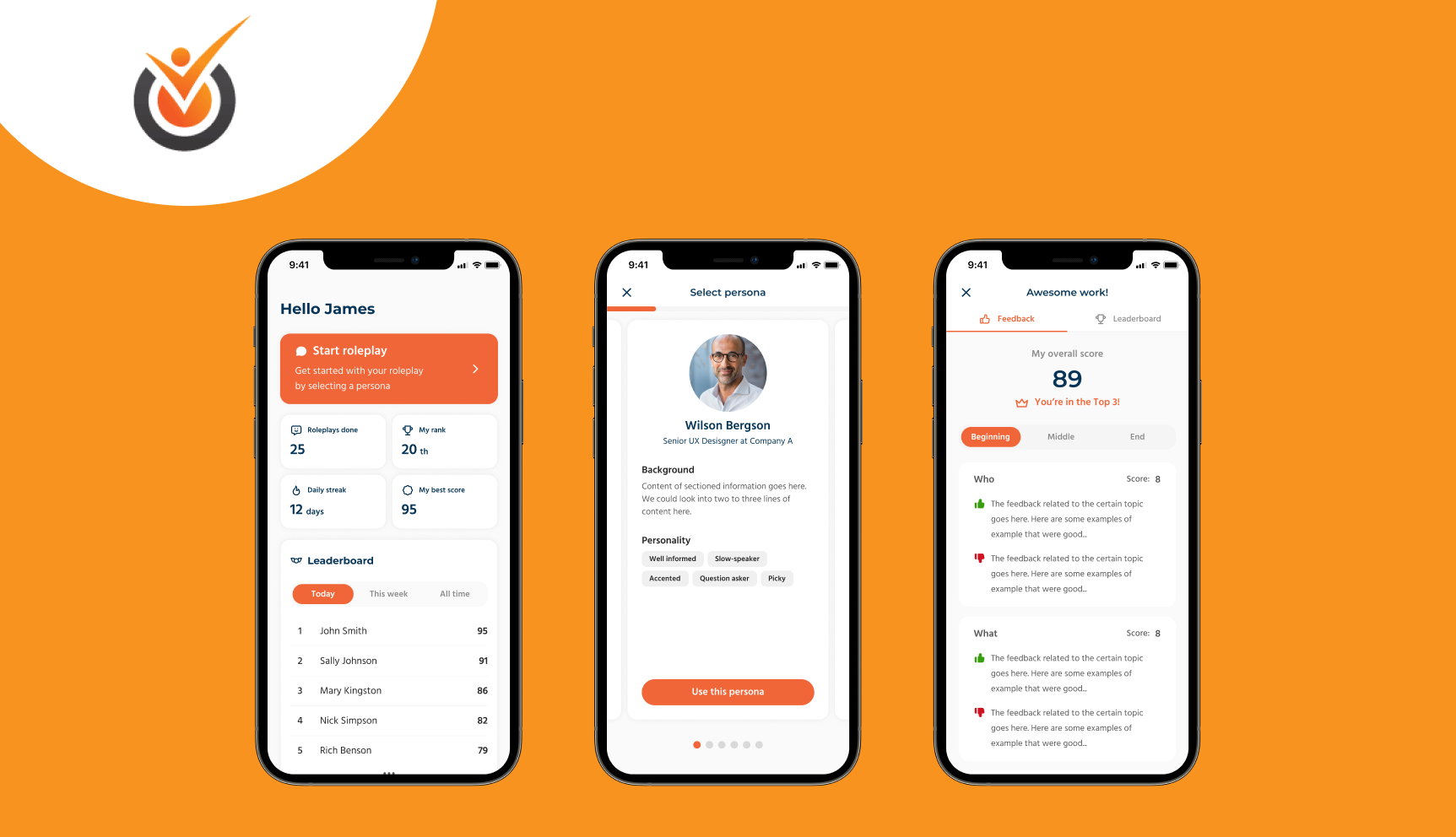 Total Inter Action case study three mobile screens.