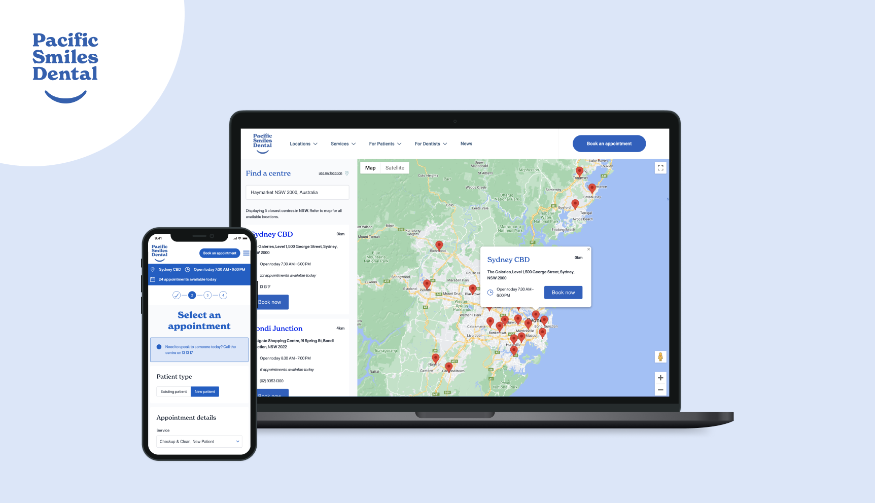 Pacific Smiles Dental case study laptop and mobile screen.