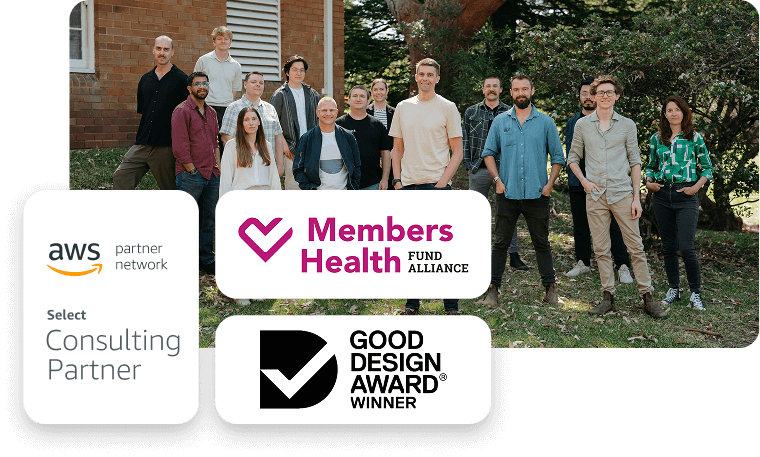 Two images in a collage one of AWS logo and another of an Airteam developer working on their laptop.