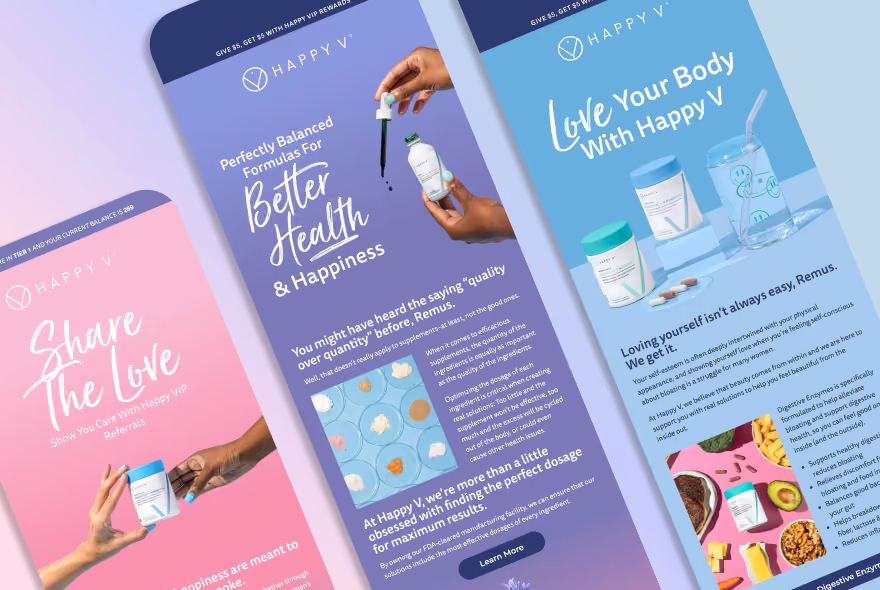 A gallery of Happy V email designs in vibrant purple, blue and pink