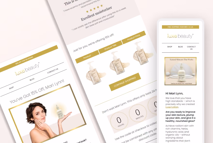 Gallery of email designs for Luxe Beaty using Klaviyo software