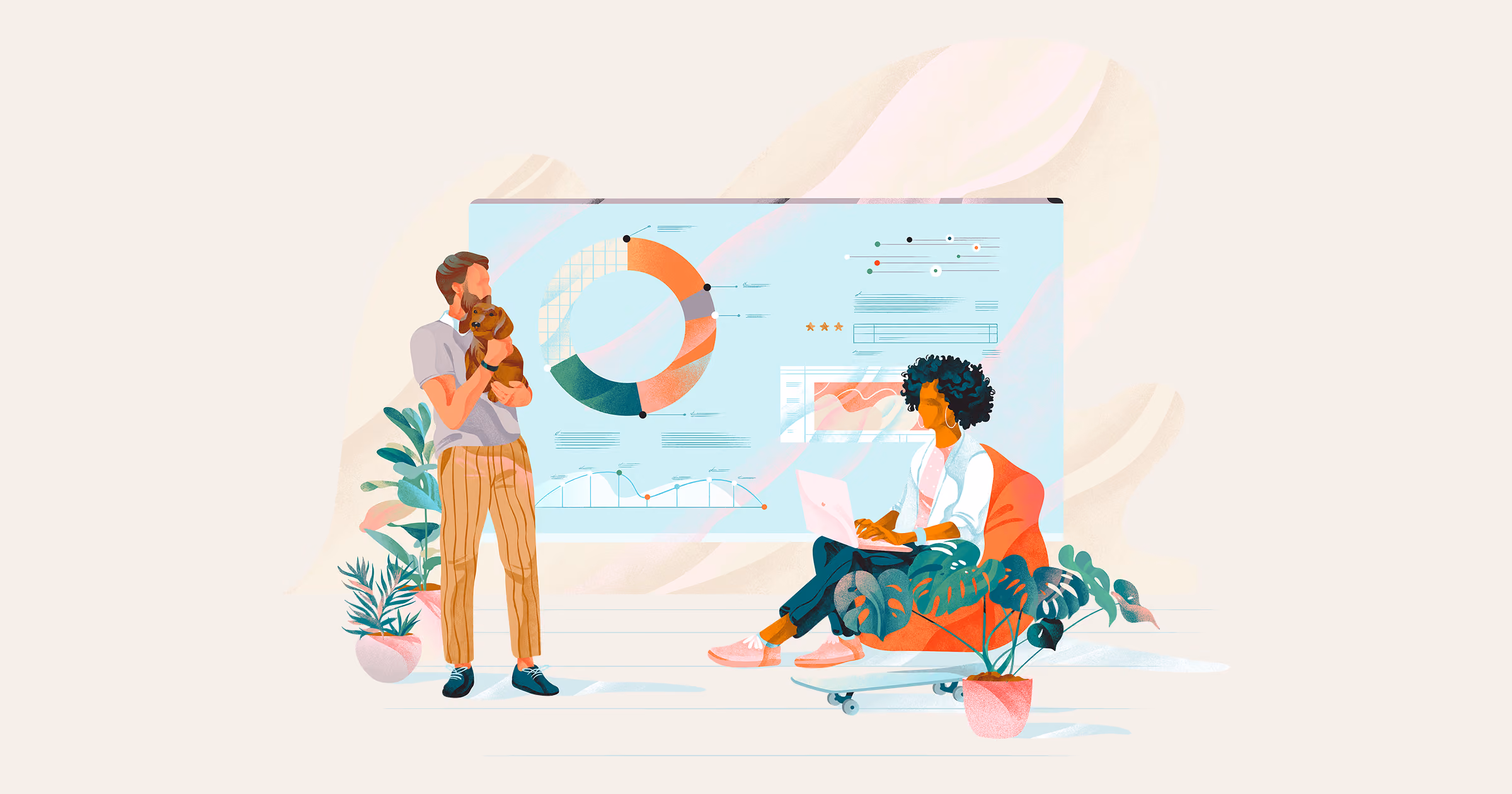 Man and woman illustraion with graph