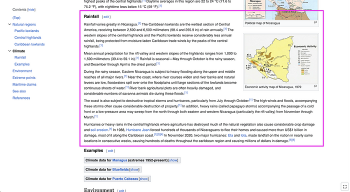 the Nicaragua wikipedia page with the rainfall section highlighted