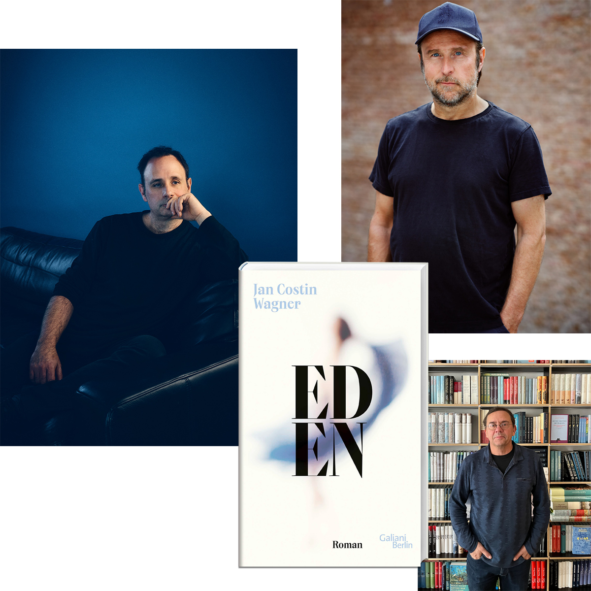 Jan Costin Wagner (links), Bjarne Mädel (rechts oben) und Wolfgang Hörner (rechts unten) mit dem Buchcover des Romans "Eden"