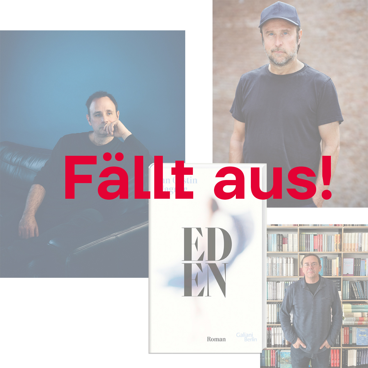 Jan Costin Wagner (links), Bjarne Mädel (rechts oben) und Wolfgang Hörner (rechts unten) mit dem Buchcover des Romans "Eden"