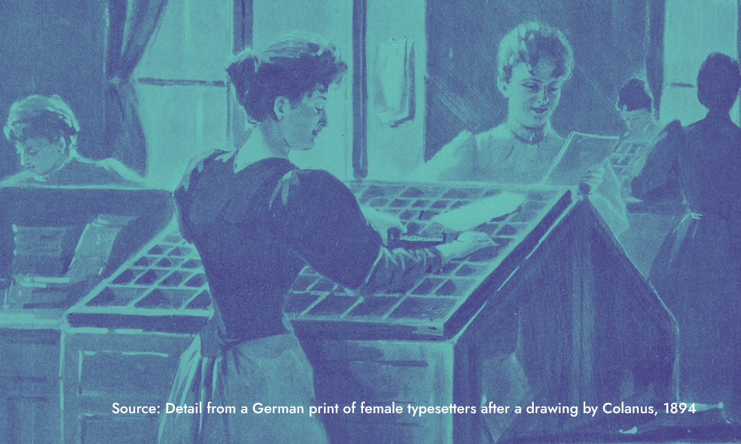 An image of two women typesetting (I like the idea that they're characters)