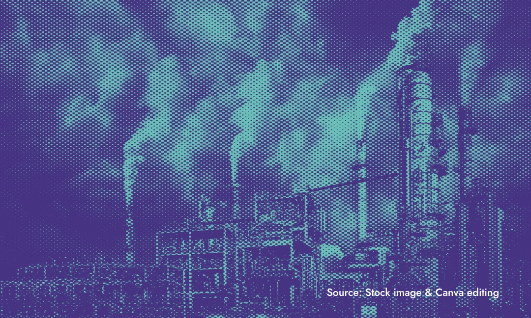 An industrial cityscape, with smoke filling the sky.