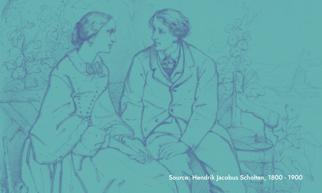 An illustration of two characters in a novel having a conversation.