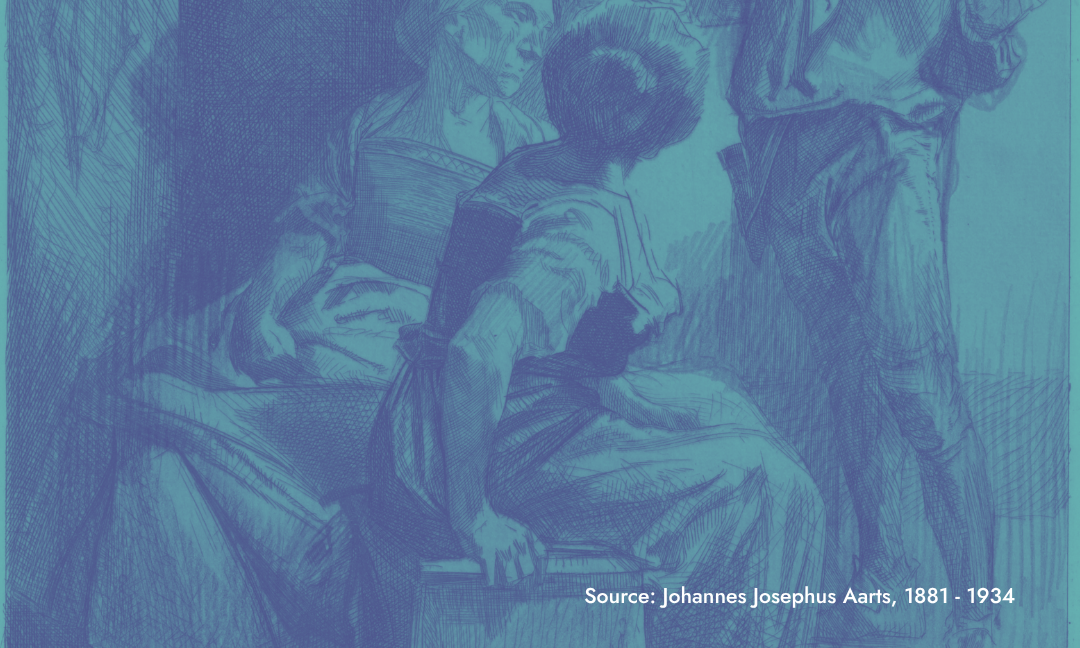 An illustration of two characters in a novel in conversation with each other.