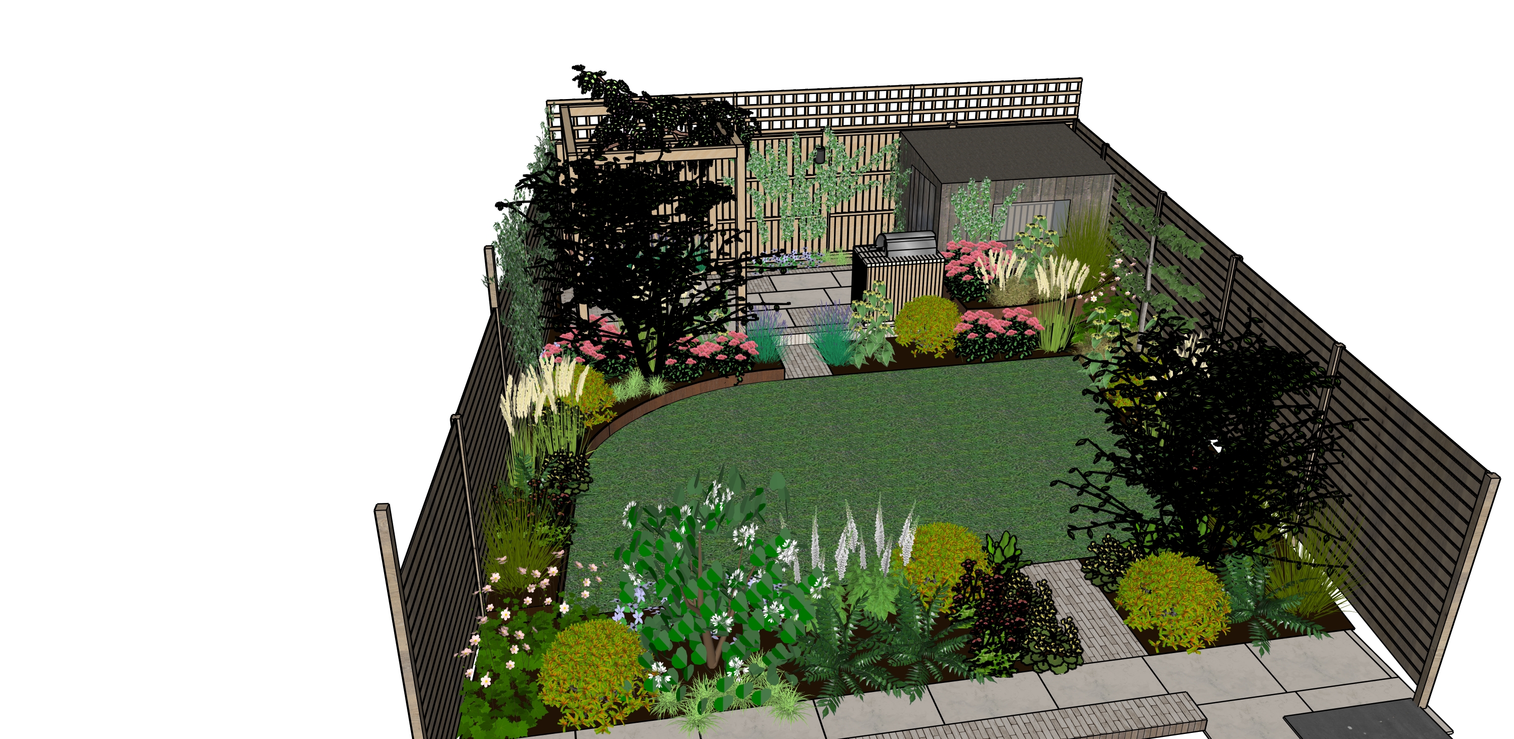 Outdoor kitchen 3D design render showing L-shaped layout