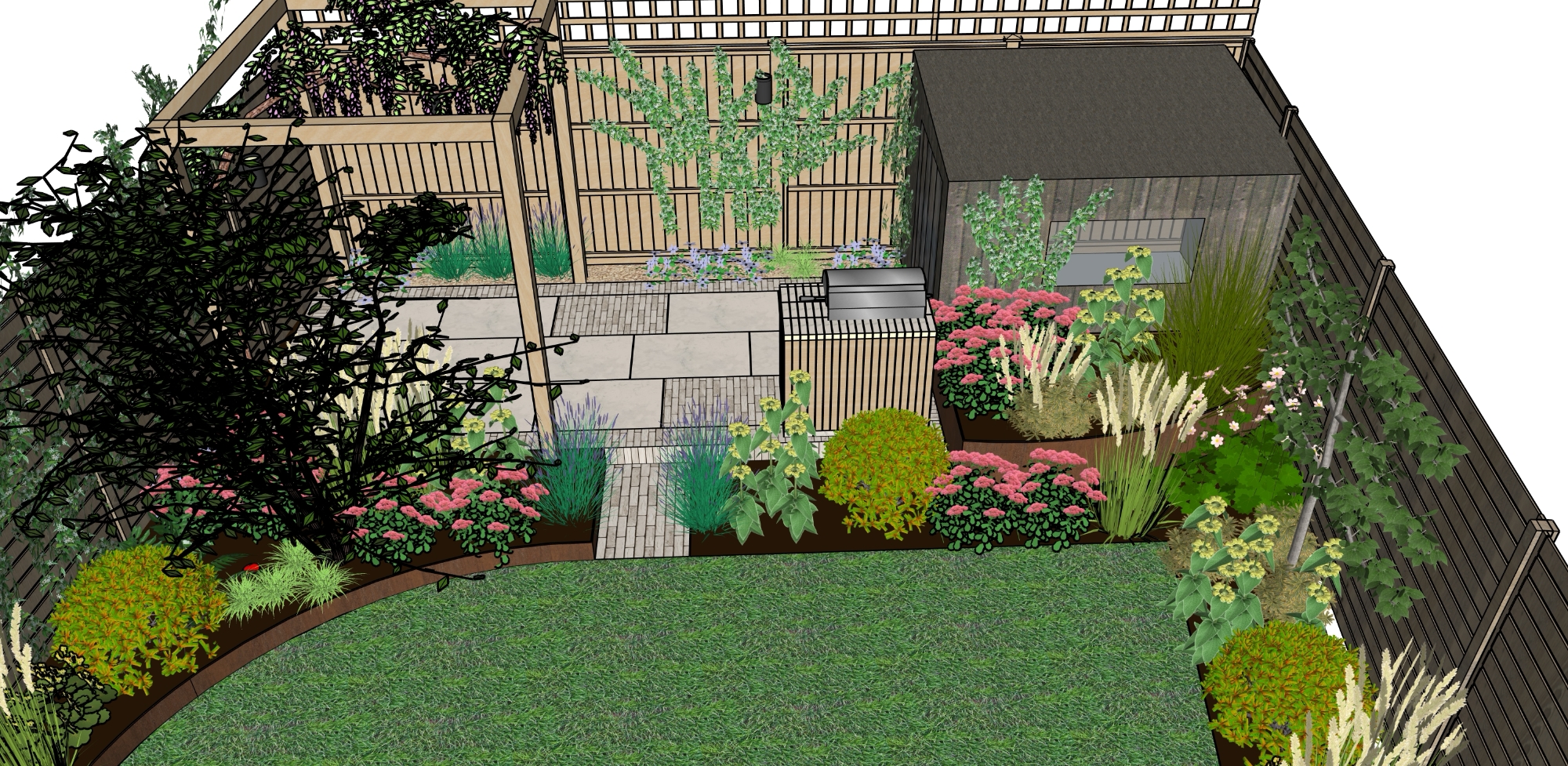 3D garden design render showing outdoor kitchen concept with timber pergola, limestone paving and integrated BBQ area