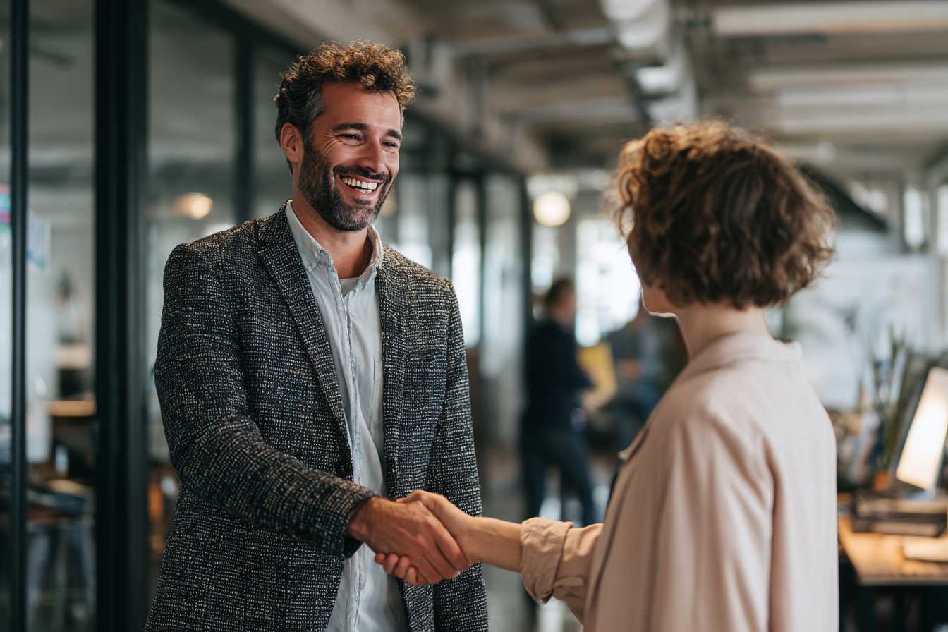  IT consultant shaking hands with a small business owner in an office setting
