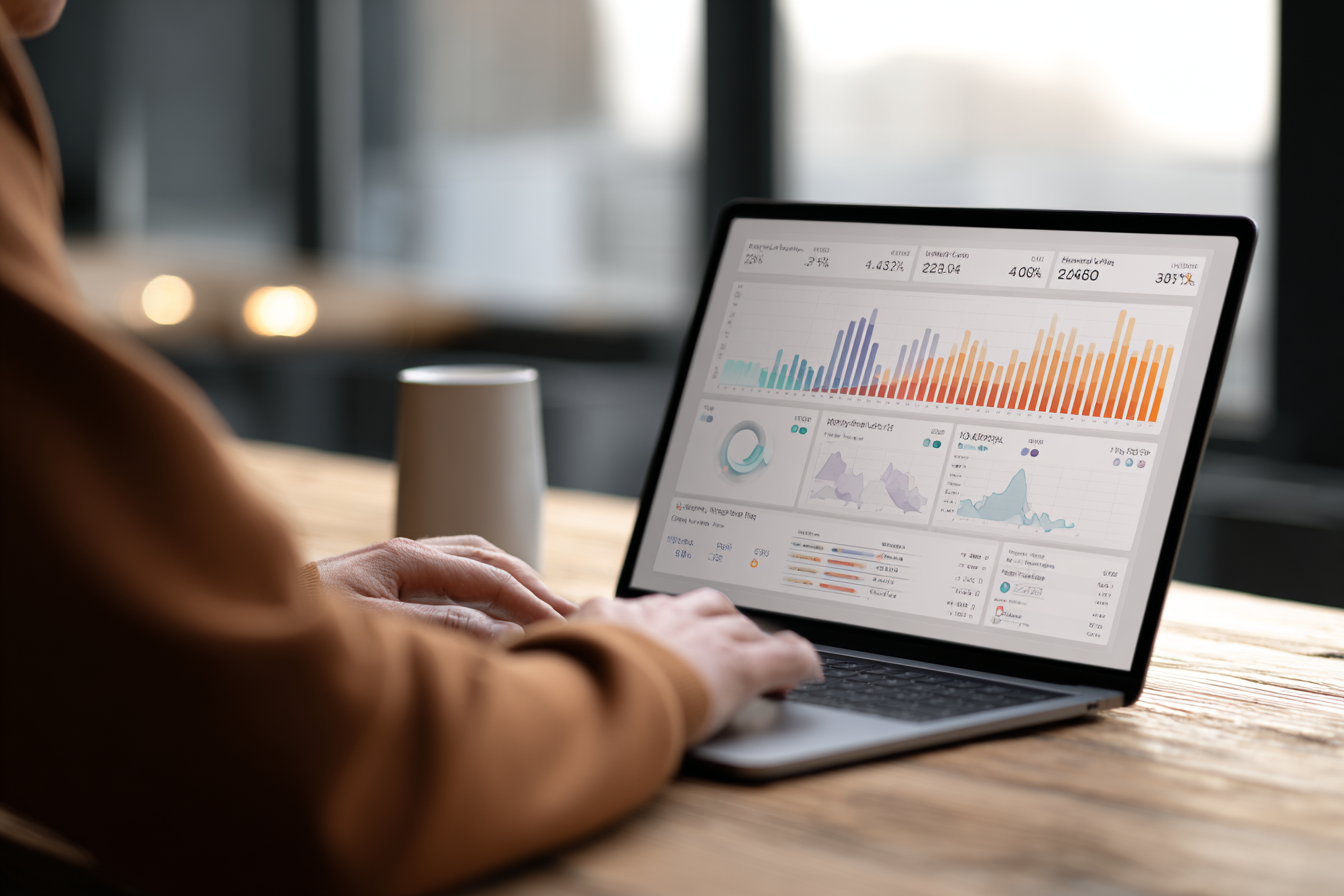 MSP owner looking at a dashboard of leads and ad performance metrics on a laptop