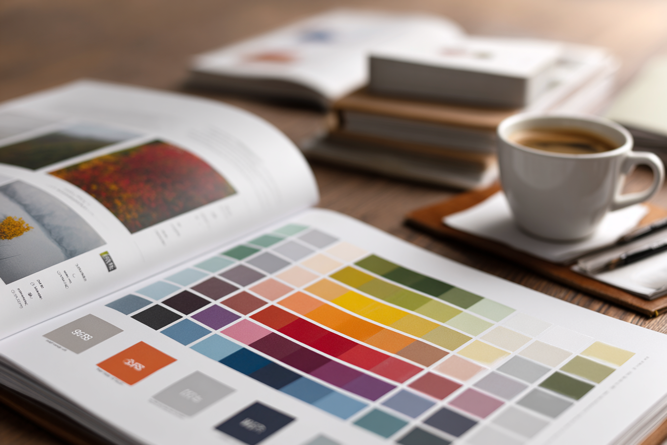 Brand style guide showing MSP logo variations, color palette, and typography on a desk