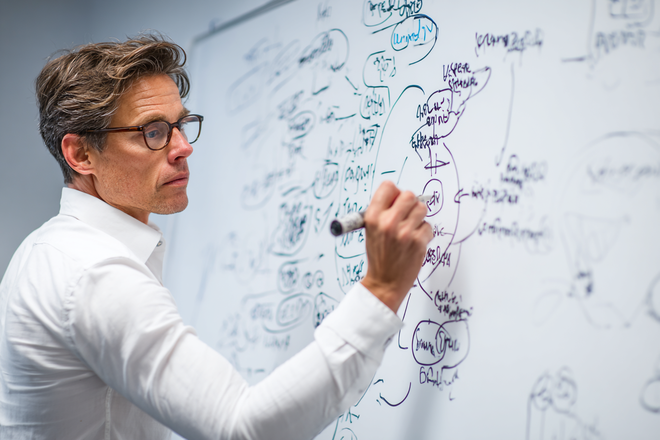 Sales leader mapping out a managed services sales pitch framework on a whiteboard