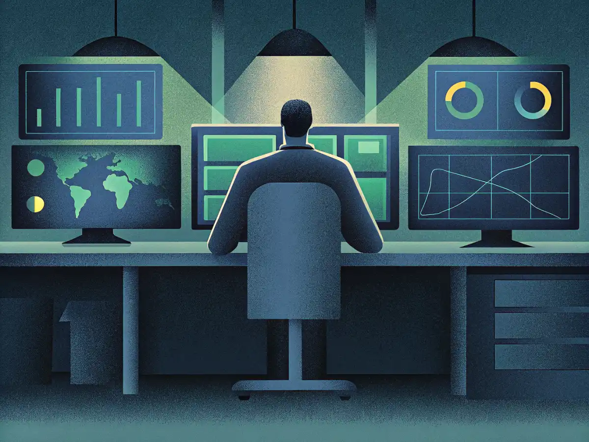 MSP business owner analyzing lead generation analytics on multiple monitors