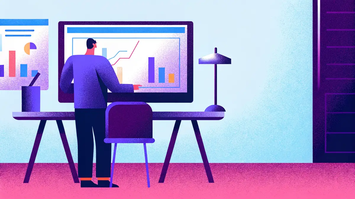MSP business owner analyzing website SEO analytics on large monitor showing rankings and traffic charts