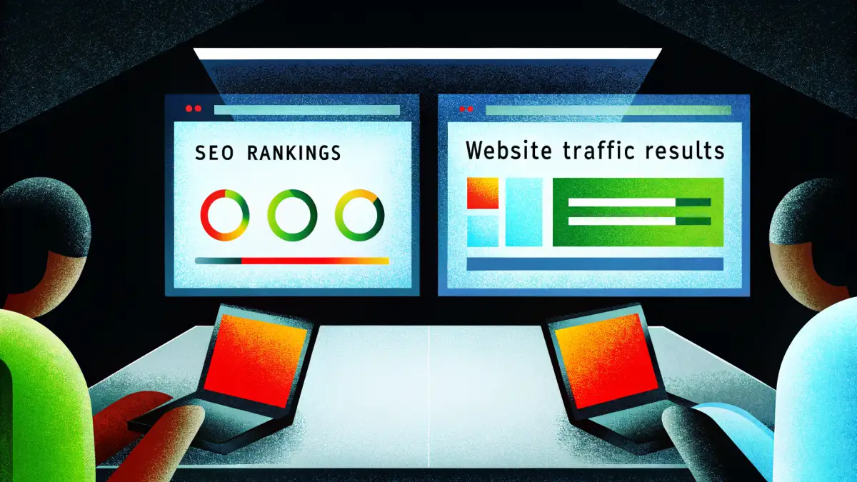 IT consultant and client reviewing SEO rankings and website traffic results on large display screens