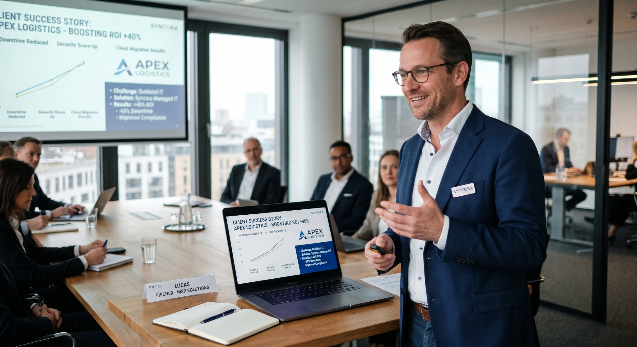 MSP professional presenting a client success case study on a laptop.