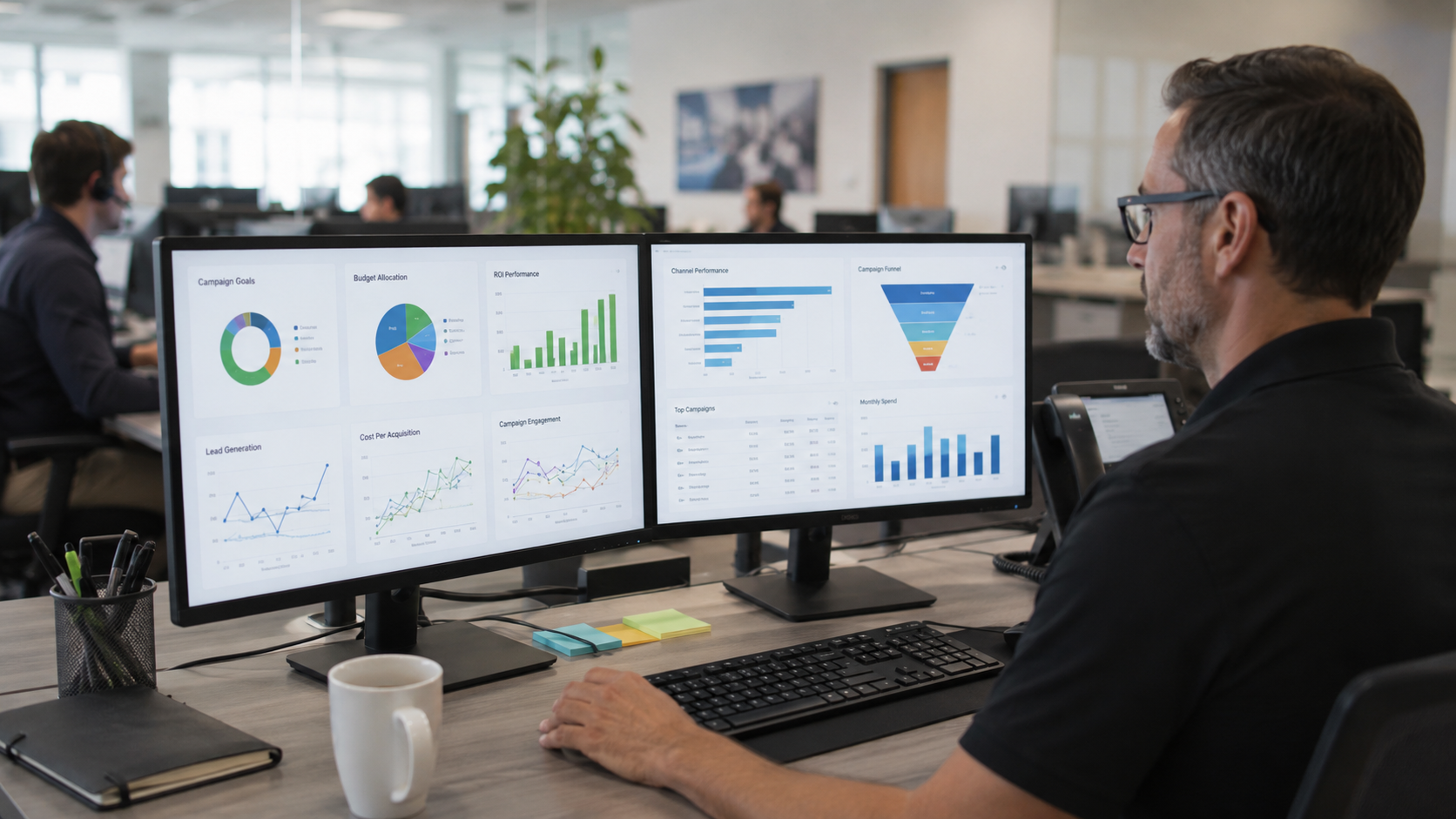 MSP marketing dashboard showing campaign goals, budget allocation, and ROI performance.