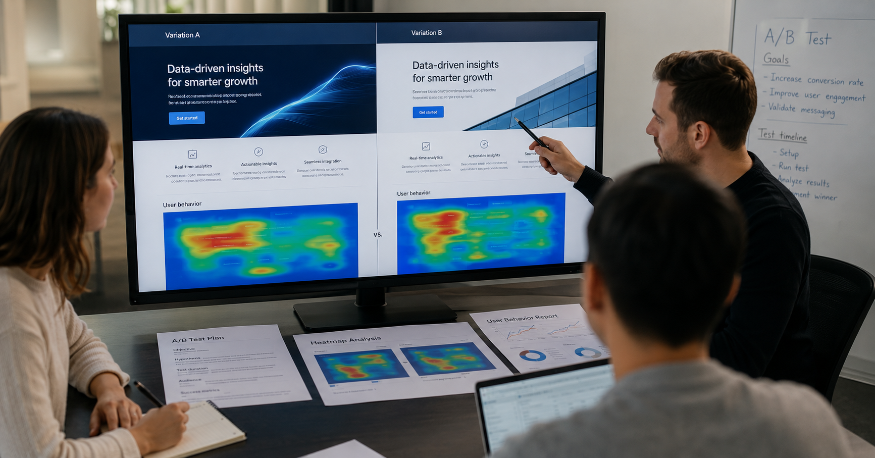 Marketing team reviewing A/B testing campaign performance data.