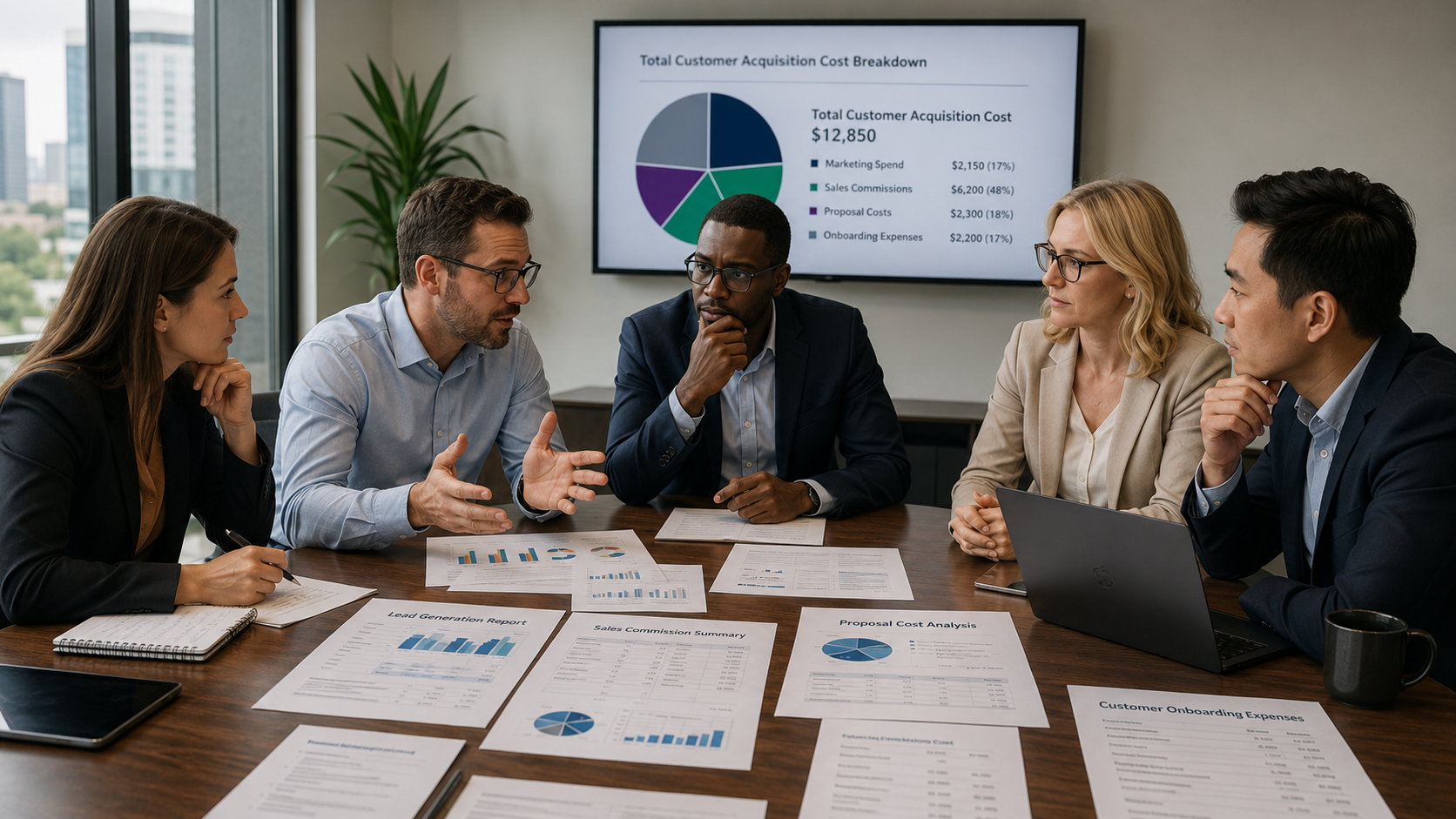 MSP leadership team reviewing customer acquisition cost reports.