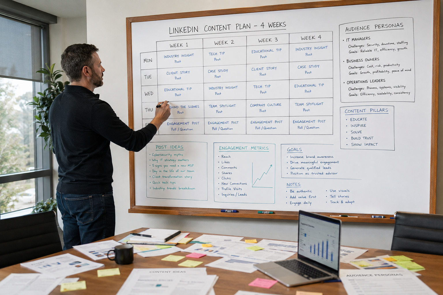 MSP owner planning a LinkedIn content calendar for business growth.