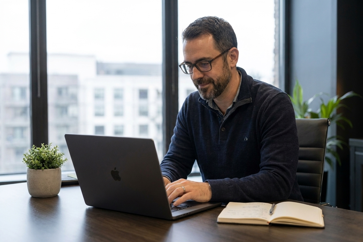 Business decision-maker viewing an MSP LinkedIn post on a laptop.