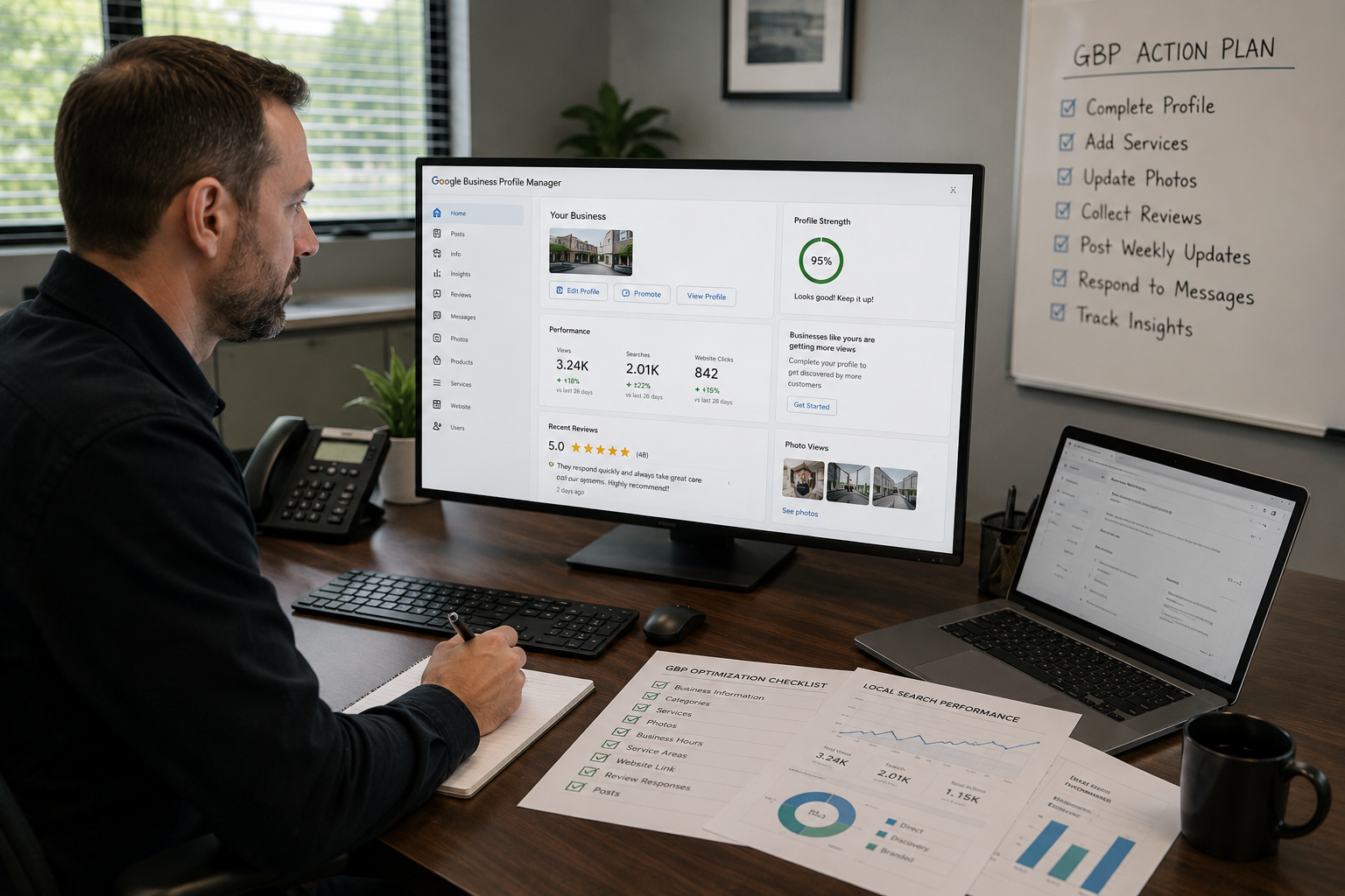 MSP marketer tracking Google Business Profile calls, clicks, and local leads.