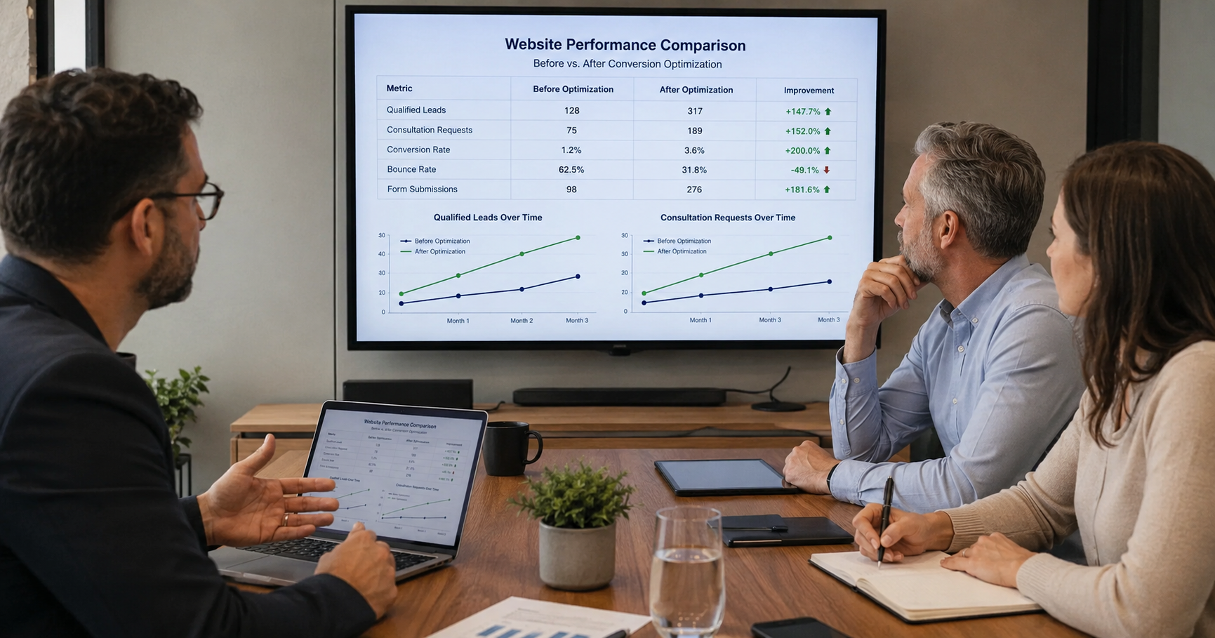 MSP team reviewing website conversion optimization data and lead performance