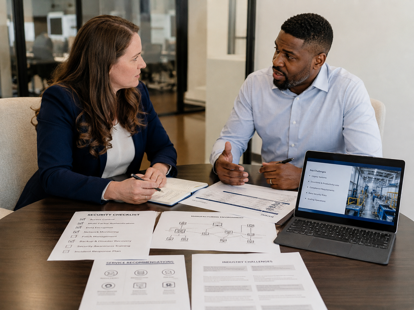 MSP specialist discussing industry-specific IT challenges with a business client