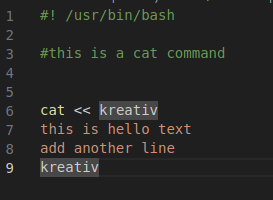 2 3 4 5 6 7 8 9 /usr/bin/bash #this is a cat command cat << 8reati this is hello text add another line Kreatvg 