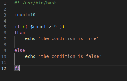 2 3 4 5 6 7 8 9 10 11 12 /usr/bin/bash count—IO if (( Scount > 9 )) t hen echo else echo "the condition is true" "the condition is false" 