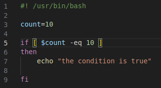 2 3 4 5 6 7 8 9 /usr/bin/bash count—IO if $count -eq 10 t hen echo "the condition is true" fi 