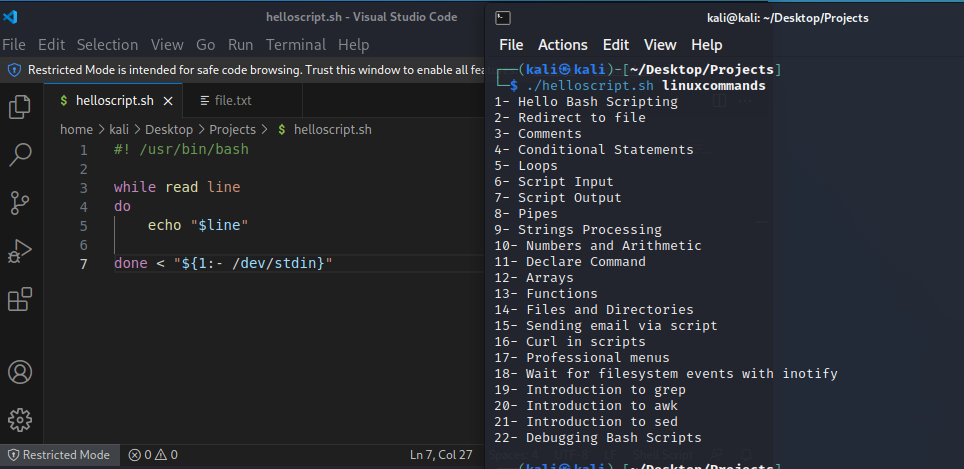 helloscript.sh - Visual Studio Code File Edit Selection View Go Run Terminal Help Restricted Mode is intended for safe code browsing. Trust this window to enable all fei S helloscript.sh X file.txt home > kali > Desktop > Projects > S helloscript.sh kali@kali: —'Desktop/Projects File Actions Edit View Help (kali@ —/Desktop/projectsJ $ ./helloscript.sh linuxconmands Hello Bash Scripting Redirect to file Comments 2 3 4 5 6 7 @Restricted Mode /usr/bin/bash while read line do echo "$line" done < "${1:- /dev/stdin}" @0A0 4- 8- 10 11- 12 14- 15- 16 17- 18- 19- 20- 21- 22 Ln7,C0127 Conditional Statements Loops Script Input Script Output Pipes Strings Processing Numbers and Arithmetic Declare Command Arrays Functions Files and Directories Sending email via script Curl in scripts Professional menus Wait for filesystem events with inotify Introduction to grep Introduction to awk Introduction to sed Debugging Bash Scripts 