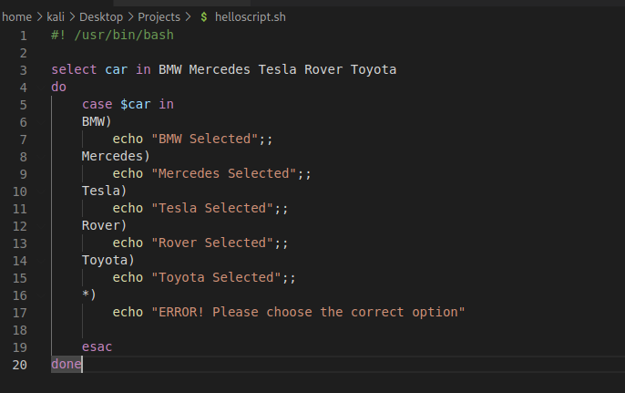 home > kali > Desktop > Projects > S helloscript.sh 2 3 4 5 6 7 8 9 10 11 12 13 14 15 16 17 18 19 2€ /usr/bin/bash select car in Mercedes Tesla Rover Toyota do case $car in BMW) echo Me rcedes ) echo Tesla) echo Rover) echo Toyota ) echo echo esac pel "BMW Selected"; ; "Mercedes Selected" , "Tesla Selected"; , "Rover Selected"; , "Toyota Selected" ; , "ERROR! Please choose the correct option" 