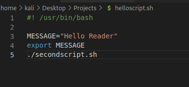 home > kali > Desktop > Projects > S helloscript.sh 2 3 4 5 /usr/bin/bash MESSAGE; "Hello Reader" export MESSAGE ./secondscript . sh 